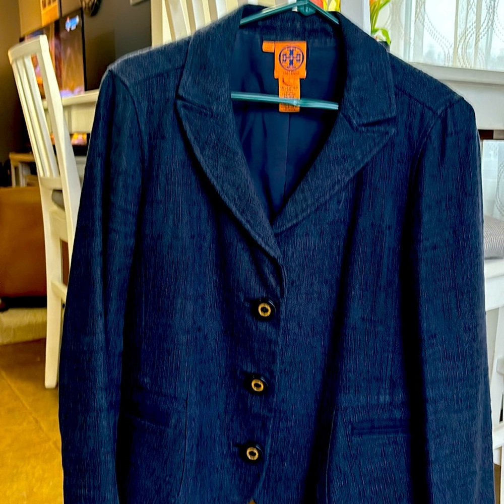 Tory Burch navy blue blazer size 10. Worn once. Beautiful silk liner.